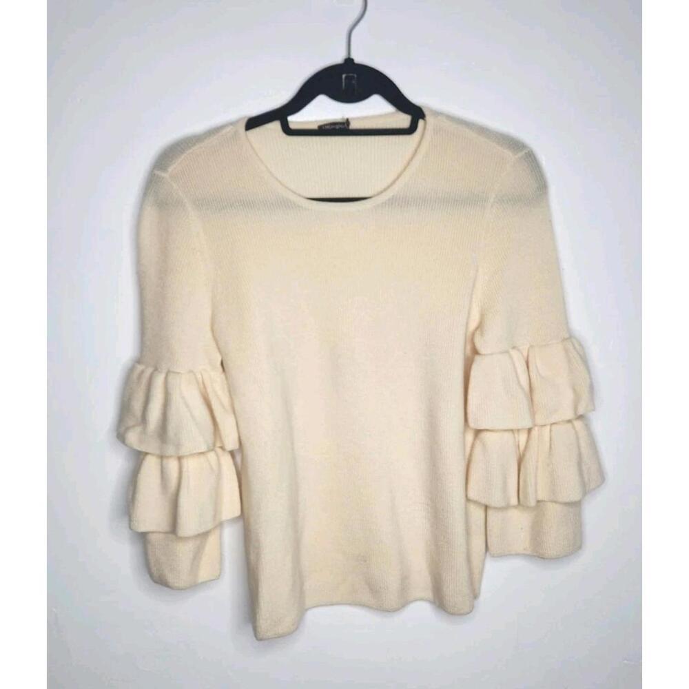 J. McLAUGHLIN Natural Italian Merino Wool Ribbed Ruffle Sleeve Sweater Womens S - Picture 2 of 7